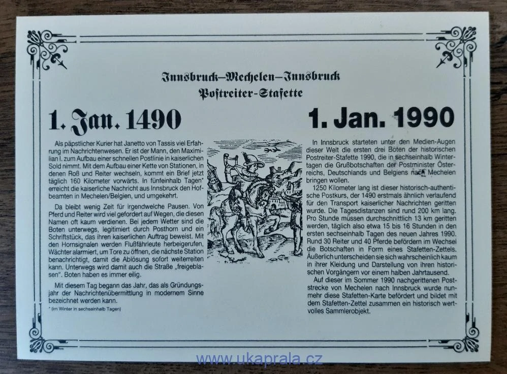 Belgie, Pamětní list k 500. výročí pošty, jízda poštovního dostavníku, r. 1990
