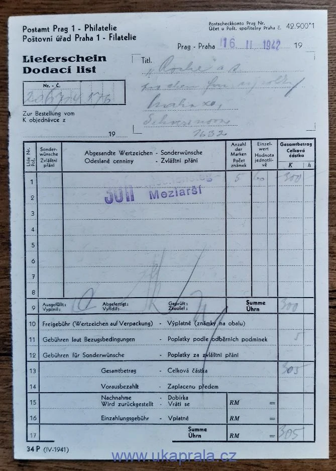 Böhmen und Mähren, R obálka, Poštovní úřad Praha1 - Filatelie, r. 1942