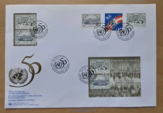 OSN Vídeň FDC, aršík Bl 6, 186/7 A+B, 2162, 50. výročí OSN, 1995