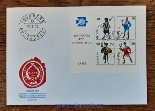ŠVÝCARSKO FDC aršík Bl 22, fil. výstava INTERNABA 74, r. 1974