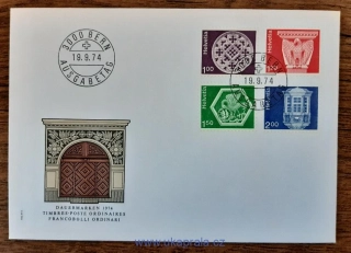 ŠVÝCARSKO FDC 1035/8 v, výplatní, architektura a řemesla, r. 1974
