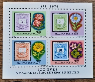 Maďarsko ** aršík Bl 105 A, 100. výr. vydání známek z r. 1874, r. 1974